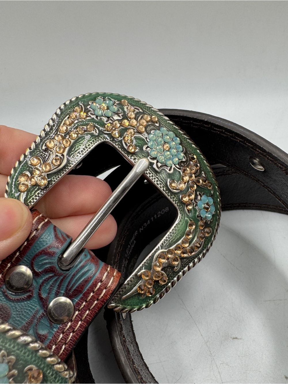 Tooled Leather Western Belt with Ornate Sparkle Floral Buckle - Teal & Brown XL - Picture 3 of 12